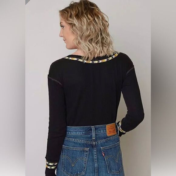 Free People We The Free Womens Embroidered Thermal Henley Shirt Black Size S - Picture 4 of 8